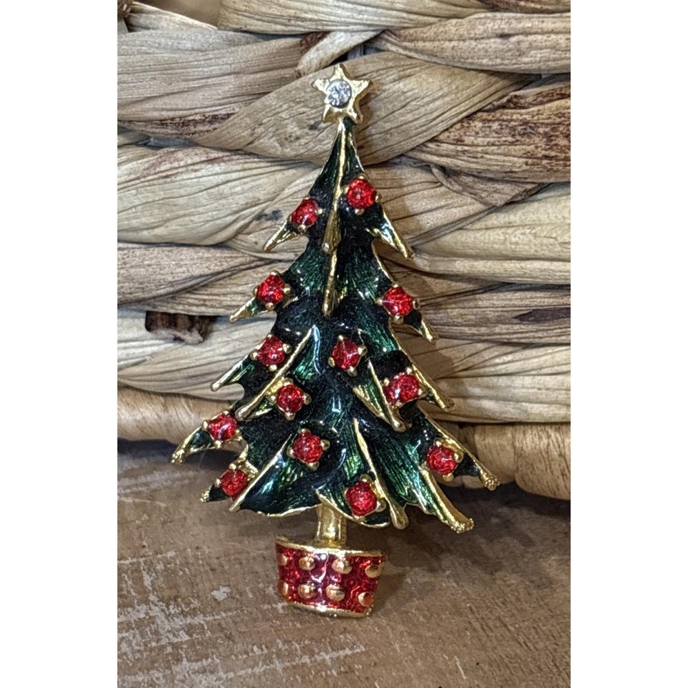 Vintage Christmas Tree Holiday Brooch Pin Red Rhinestone Green Enamel Gold Tone